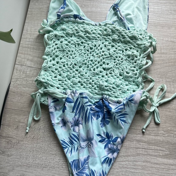 Frankie's Bikinis Blue and White Crochet Swimsuit - Picture 3 of 6
